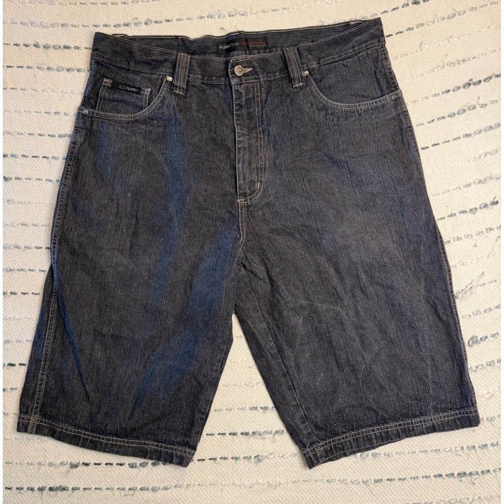 2YK FUBU The Collection Mens Denim Shorts Dark Wash Black Baggy Jean Shorts 90s